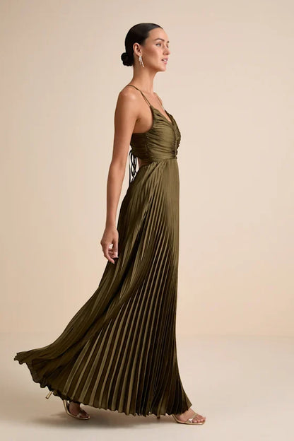 Olive Green Maxi Dress - Open Back Dress- Pleated Satin Dress - Lulus