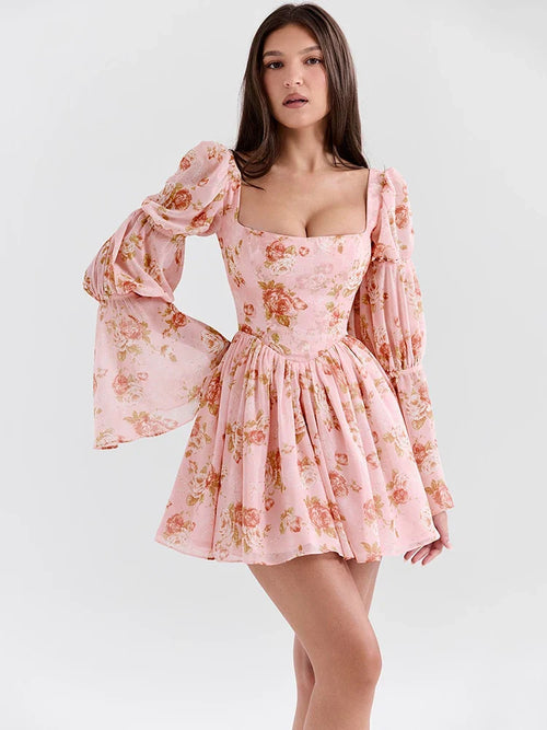 Elegant Horn Long Sleeve Bodycon Printed Short Skirt Female Sexy Square Neck Slim Female Dress Party Club Evening Dress