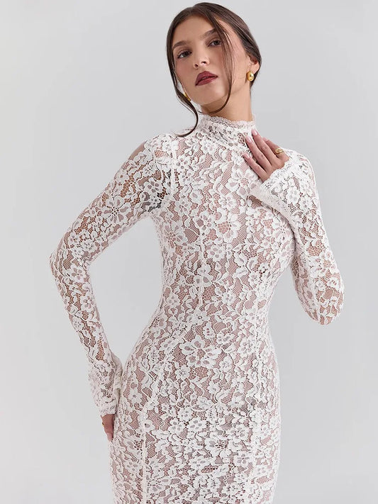 Elegant Lace Long Sleeve Bodycon Party Evening Dress Women 2025 New Autumn/Winter Tight Half High Neck Fishtail Dress
