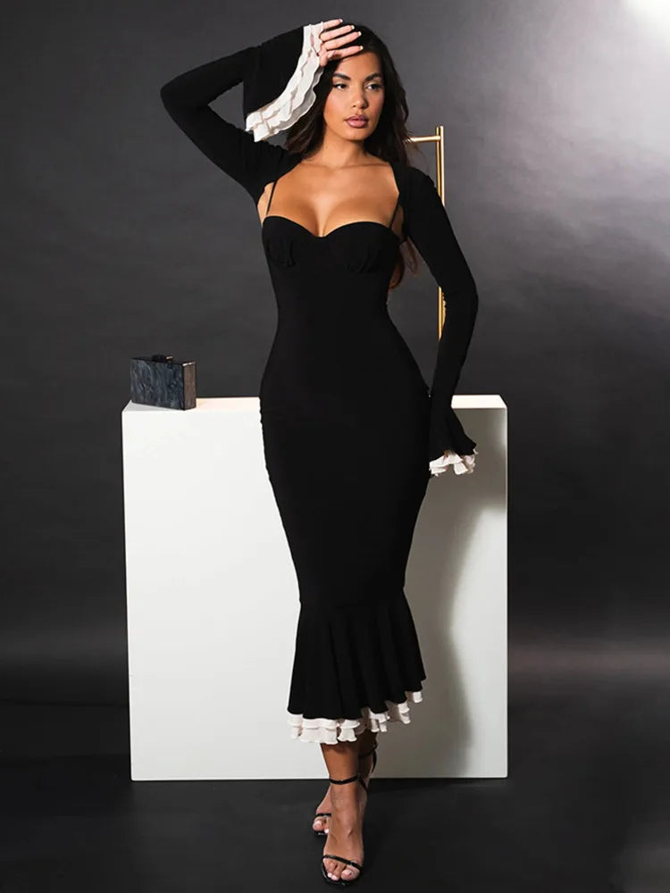 Elegant Long Flared Sleeve Elastic Tight Women Two-piece Set Autumn/Winter New 2025 Sexy Party Club Evening Dress
