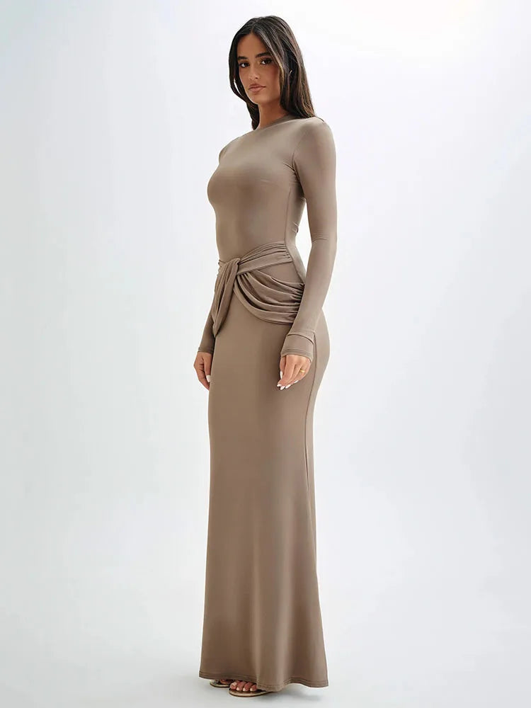 Elegant Long Sleeved Elastic Tight Long Dress Women Bodycon Pleated Evening Dress Slimming Party Club Vestido Fall