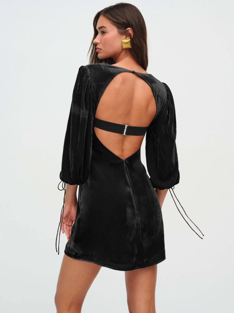 Elegant Long Sleeved Velvet Hollow Out Dress Women Sexy Backless Party Evening Dress Autumn/Winter 2025 New Slim Vestido