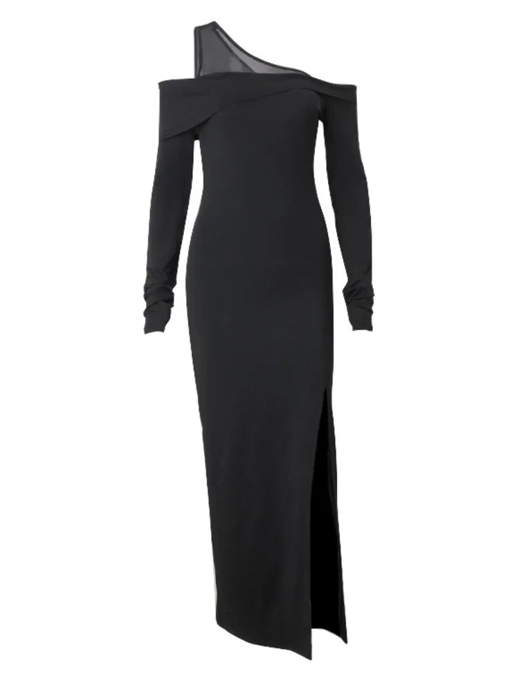 Elegant Mesh Patchwork Women Dress  Fall New Sexy High Split Bodycon Long Sleeve Party Evening Dress Slim Vestido