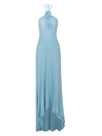 Elegant Sleeveless Bodycon Women Mesh Hanging Neck Dress 3D Flower Long Dress Evening Dress Slimming Party Club Vestido