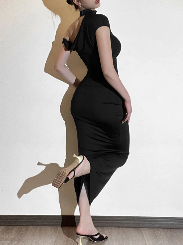 Elegant Sleeveless Irregular Bodycon Dress For Women  Autumn New Fashion Long Dress Off Shoulder Party Evening Dress