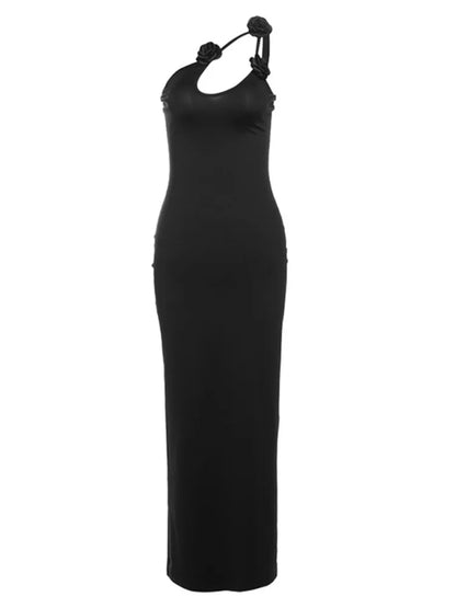 Elegant Sleeveless Irregular Bodycon Women Evening Dress  Fall New Flower Ornament Shoulder Vestido Sexy Long Dress