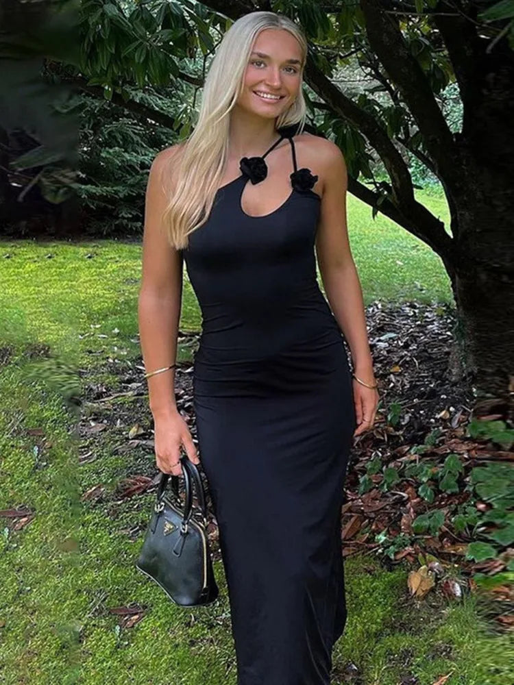Elegant Sleeveless Irregular Bodycon Women Evening Dress  Fall New Flower Ornament Shoulder Vestido Sexy Long Dress