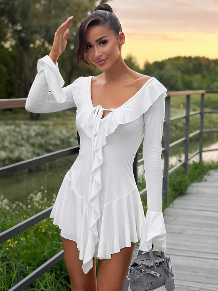 Sexy Deep V Ruffled Bodycon Short Skirt For Women  Fall Ruffled Flared Sleeves Party Evening Dress Street Clothing
