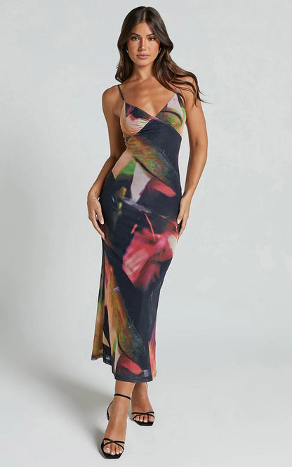 Rashida Midi Dress - V Neck Mesh Printed Dress in Floral Blur