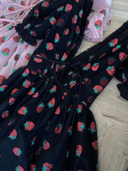 Sequined Strawberry Mesh Pleated Maxi Dress