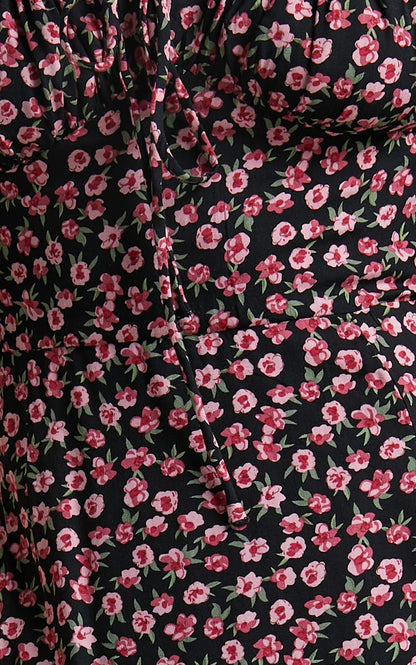 Rosario Midi Dress - Ruched Bust Puff Sleeve Dress in Black Floral