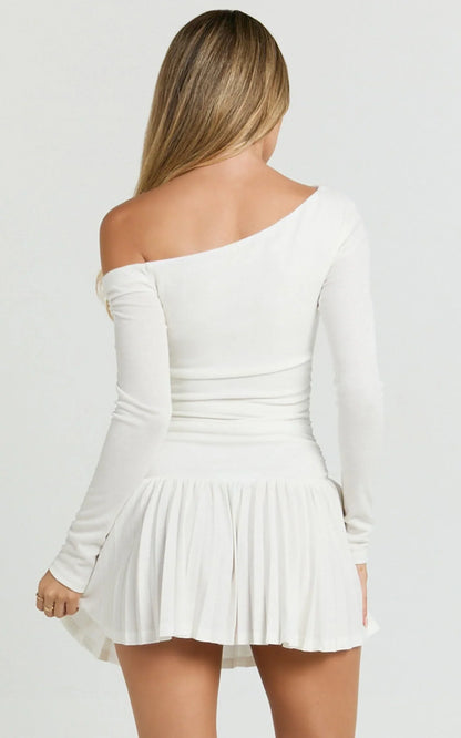 Presley Mini Dress - One Shoulder Ruched Side Pleated Fit And Flare Dress in Cream