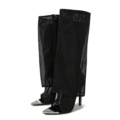 Sexy Fashion Mesh Very Light Comfort Thin Heels Open Toe Knee High Boots