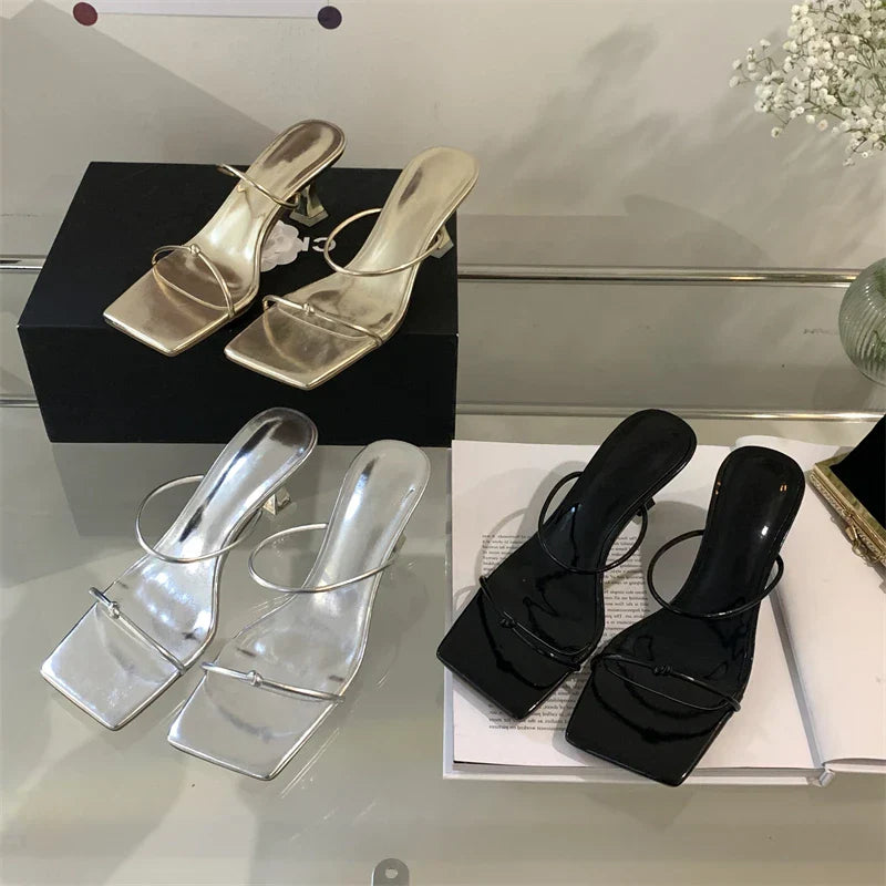 Summer Narrow Band Slipper Fashion Square Toe Slip On Elegant Gladiator Sandal Shoes Low Heel Pumps