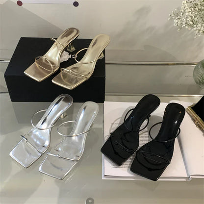 Summer Narrow Band Slipper Fashion Square Toe Slip On Elegant Gladiator Sandal Shoes Low Heel Pumps