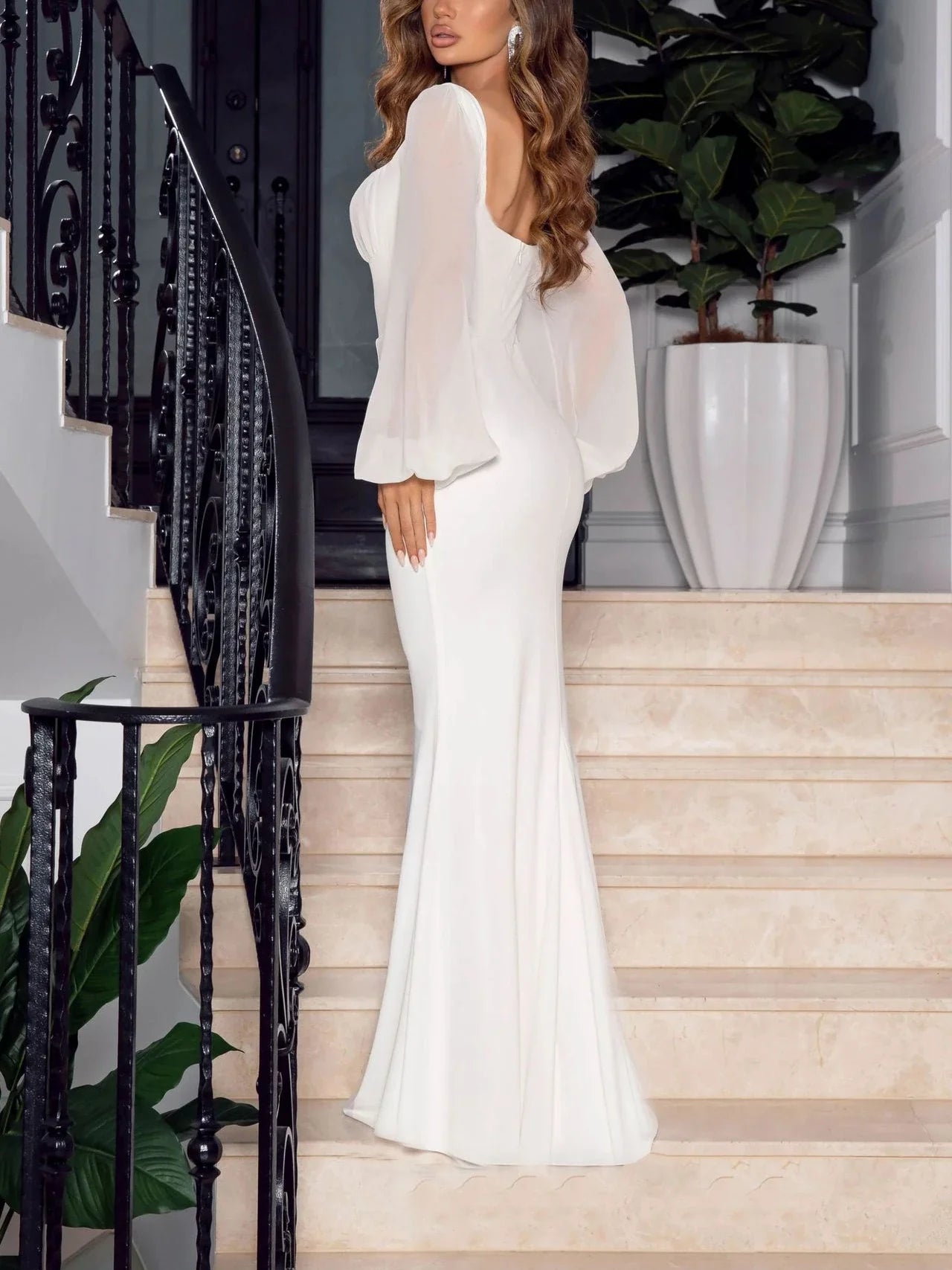 Elegant Square Neck High Waist Slim Evening Dresses Fashionable Chiffon Long Sleeve Womens Dresses White Temperament Party Dress