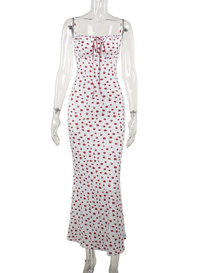 Fantoye Sexy Backless Print Floral Women Dress White Spaghetti Strap Evening Dress Female Summer Elegant Party Clubwear Vestidos