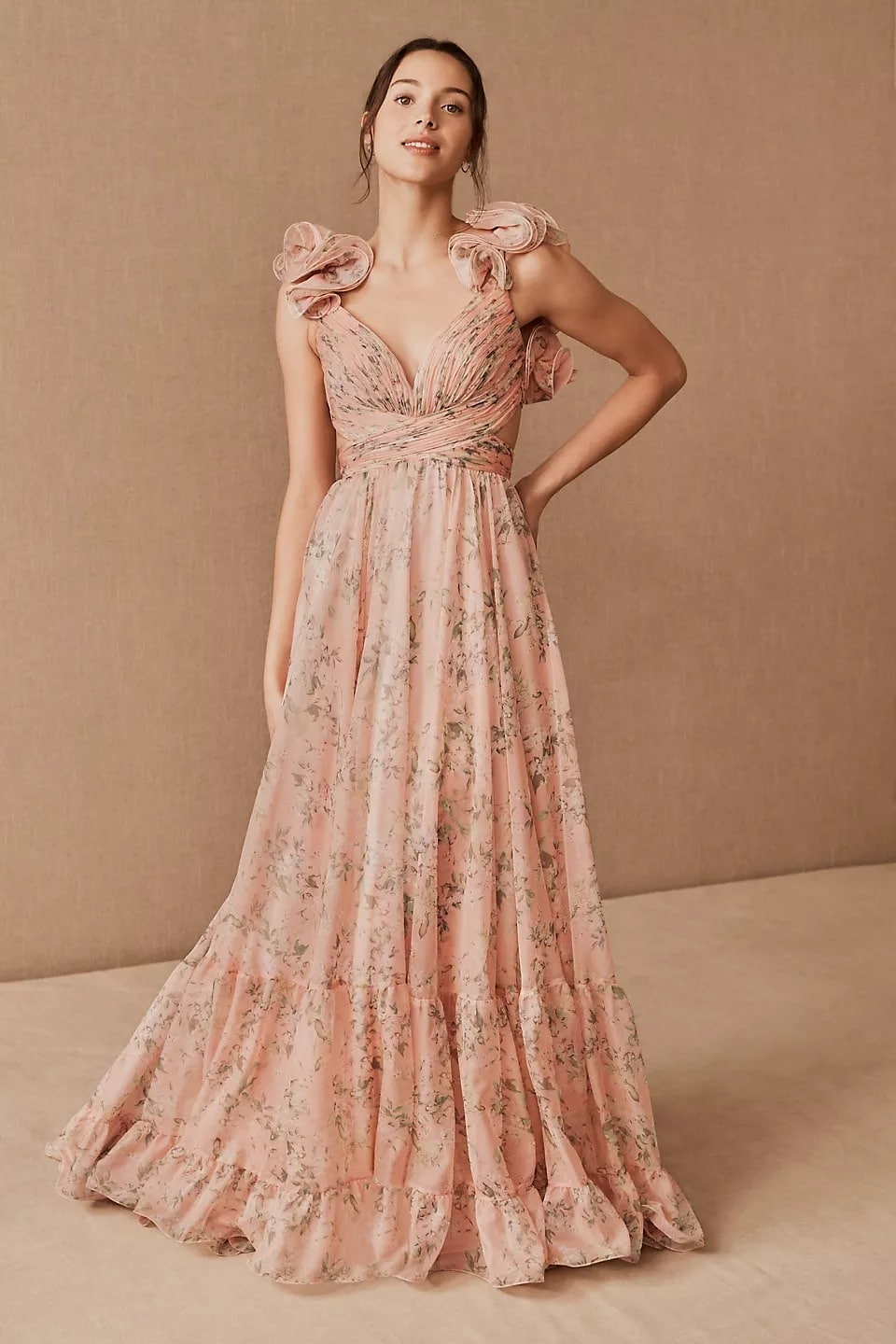 Floral V-Neck Cut-Out Backless Ruffle Hem Maxi Dress Pink