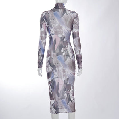 Voguable Long Sleeve Turtleneck Y2K Print Mesh Skinny Maxi Dress Streetwear Casual Clothing
