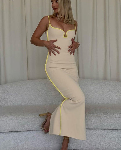 Bright Line Decoration Slip Backless U Neck Skinny Maxi Dress Bodycon Y2K Streetwear Outfits