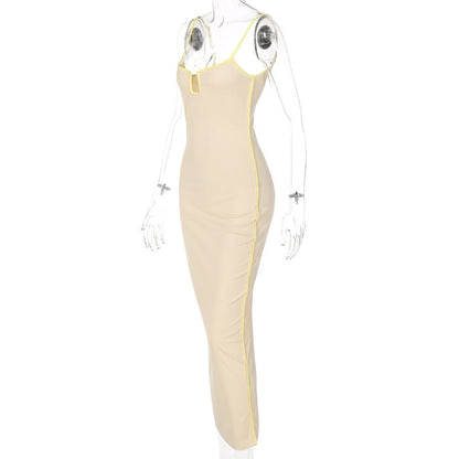 Bright Line Decoration Slip Backless U Neck Skinny Maxi Dress Bodycon Y2K Streetwear Outfits