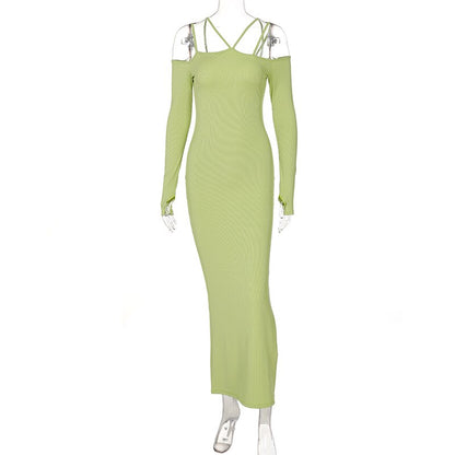 Voguable Fall Solid Slip Slash Neck Long Sleeves Cut Out Maxi Dress Slim Y2K Streetwear Robe