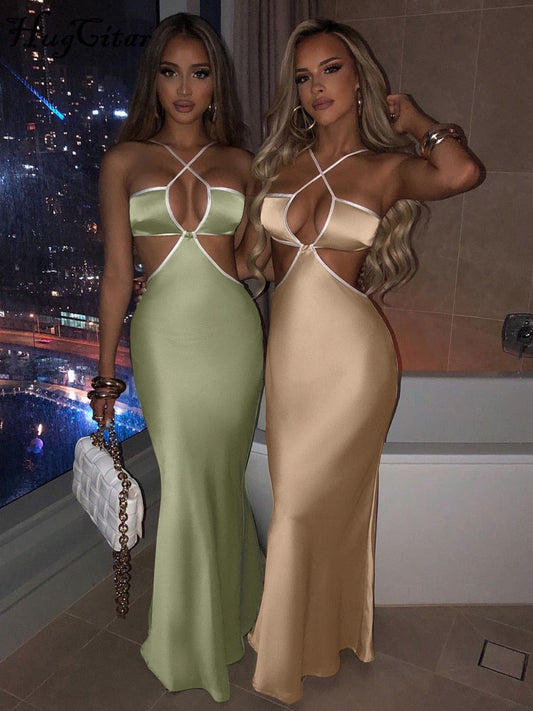 Voguable Halter Backless Sleeveless Hollow Out Revealing Maxi Dress Bodycon Streetwear Party Club Outfits Y2K