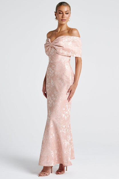 Bow Jacquard Off-Shoulder Maxi Dress