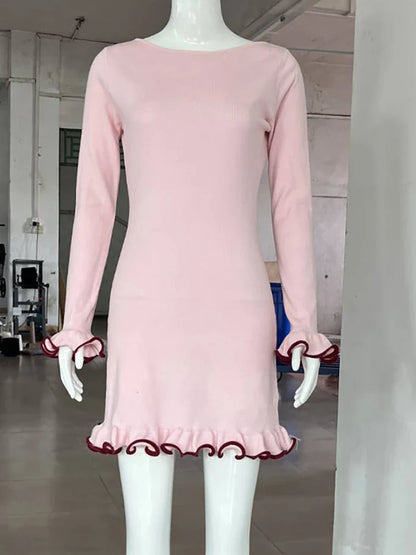 JULISSA MO Knitted Sexy Round Neck Ruffles Dress Women Black Long Sleeve Evening Dress Female Autumn Slim Elegant Party Clubwear