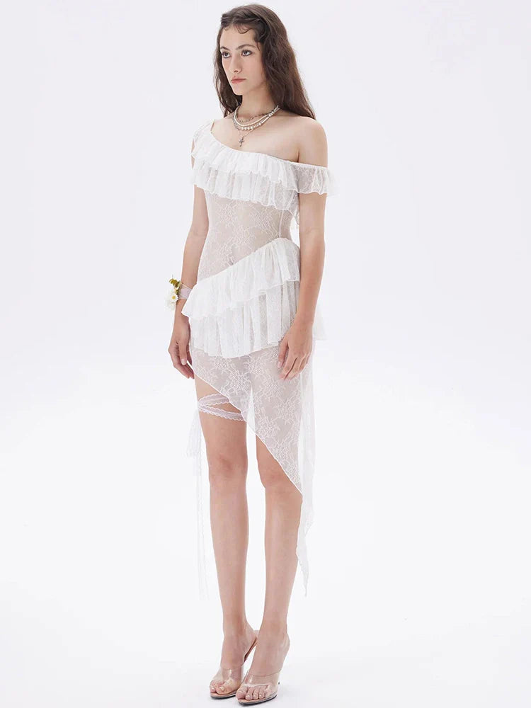 JULISSA MO Sexy See Through Lace Ruffle Women Dress White Off Shoulder Evening Dress Female Summer Skinny Elegant Beachwear 2025