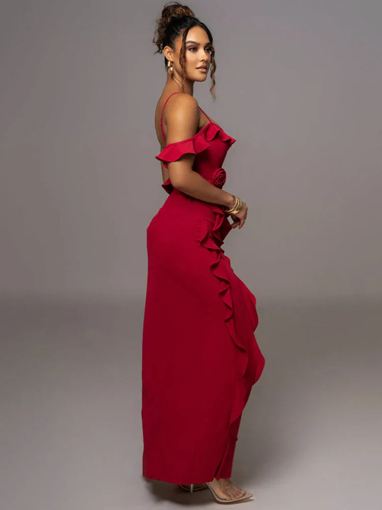 Elegant Ruffle Sexy Maxi Dress Women Spaghetti Strap Flower Sleeveless Backless High Split Club Party Evening Dress