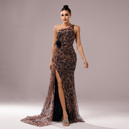 Women Clothing High Grade One Shoulder Diagonal Collar Slim Fit Sheath Split Cocktail Fishtail Evening Dress
