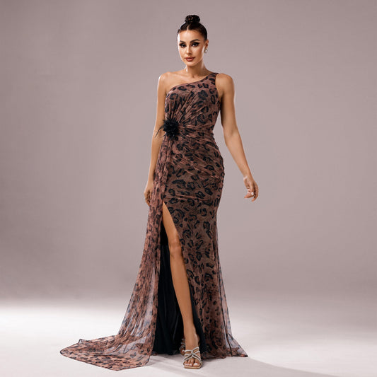 Women Clothing High Grade One Shoulder Diagonal Collar Slim Fit Sheath Split Cocktail Fishtail Evening Dress