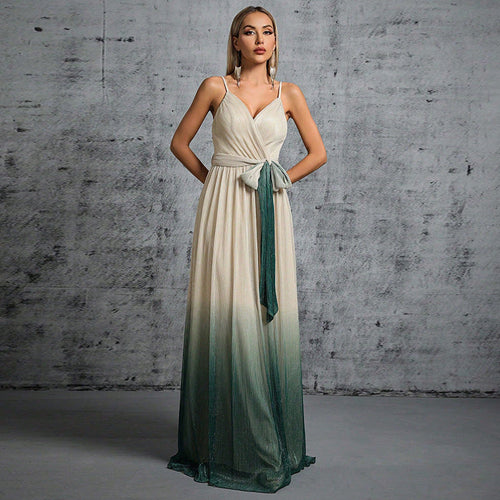 Evening Dress Strap Backless Sexy Lace up Gradient Color Maxi Dress Women Formal Dress