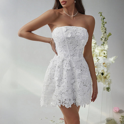 Spring Summer Sexy Slim Fit Solid Color Embroidered Tube Top Short Dress Evening Dress Women Clothing