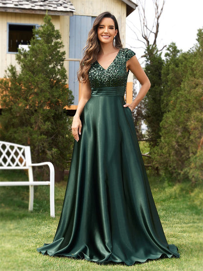 Sequined V neck Evening Dress for Women Cocktail Elegant Satin A line Dress Party Dress Women