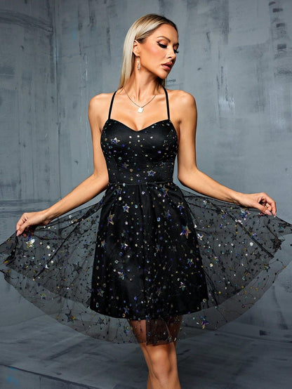 Strap Evening Dress for Women Dinner Party Dress Mesh Double Layer Design Annual Meeting Dress for Women