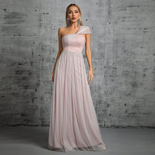 One Shoulder Evening Dress Adult Ceremony Ball Gauze Waist Slimming Elegant Dress Annual Party Evening Dress Women