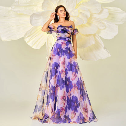 High Grade Chest Wrapped off Neck Slim Fit Waist Trimming Printing Cocktail Large Swing Evening Dress Dress Women