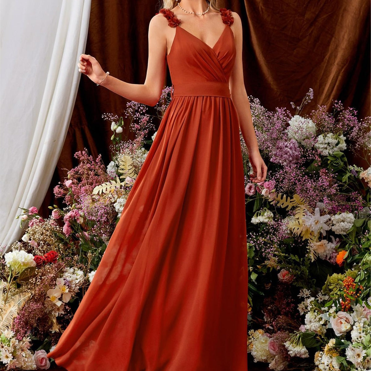 V neck Strap Evening Dress Lace Pleated Backless Sexy Large Swing Dance Dress Party Dress Bridesmaid Dress Summer