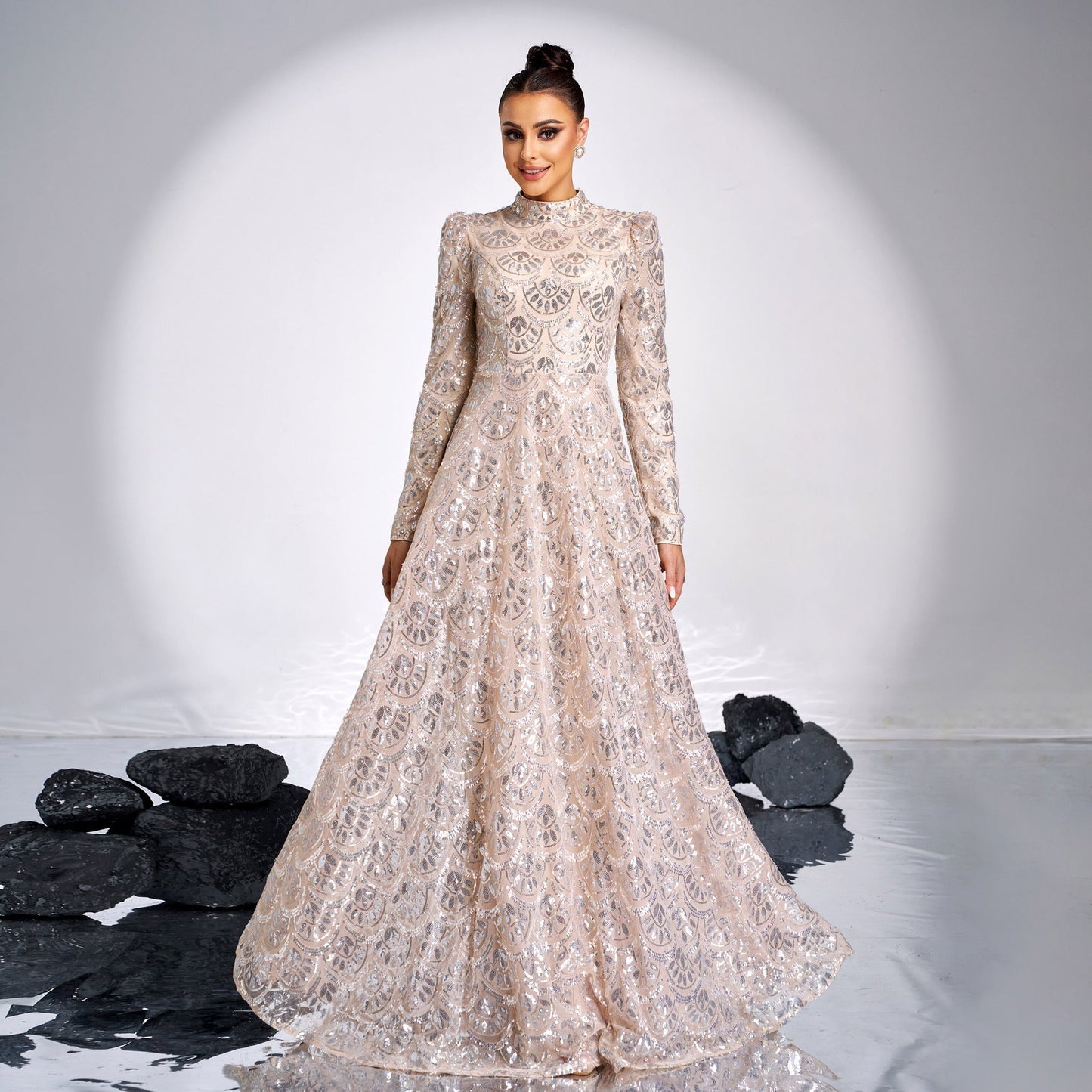 High End Long Sleeve Crew Neck Sexy Long Sequined Cocktail Evening Dress Bridesmaid Dress Dress Women