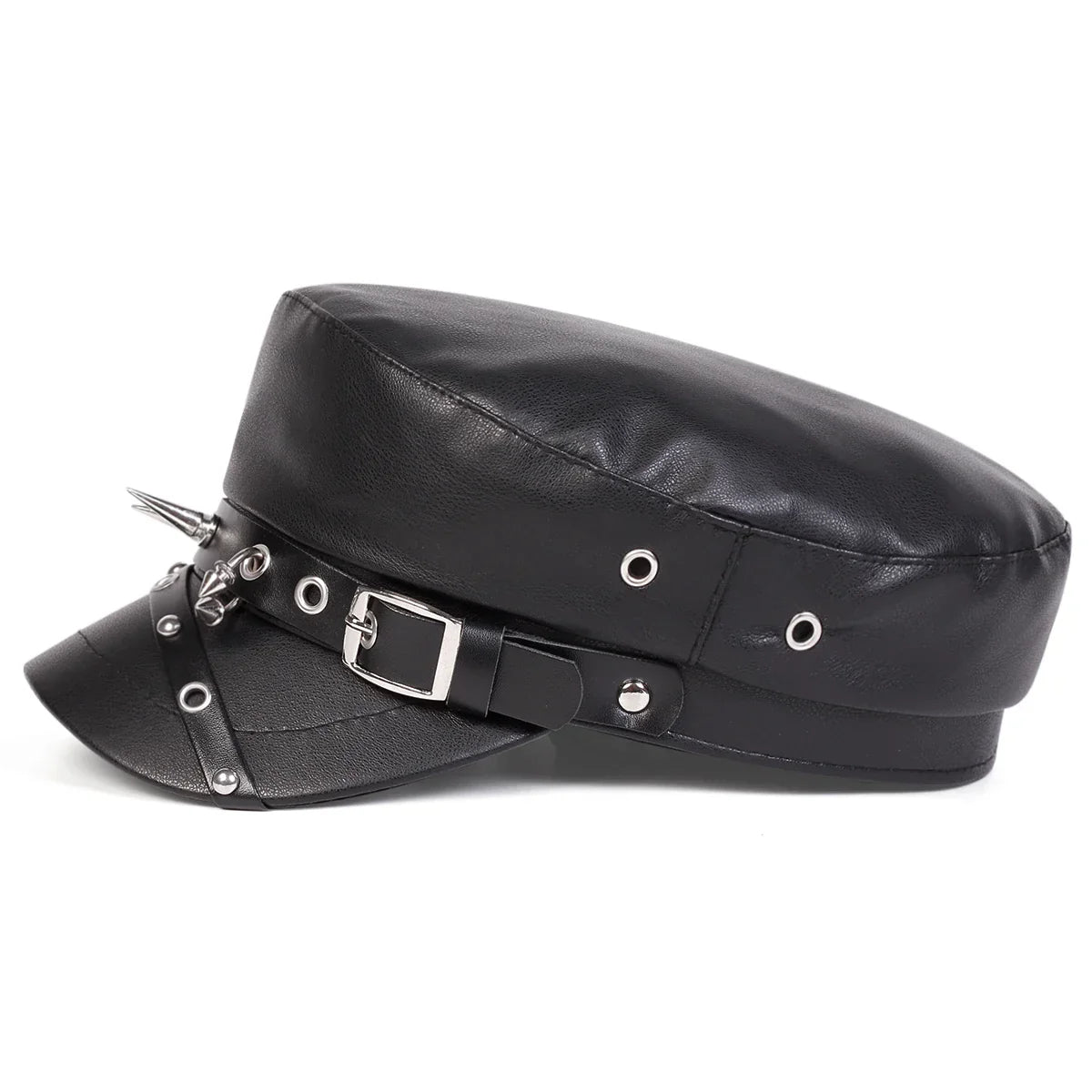 Unisex Punk Retro Military Rivet Buckle Leather Flat Top Beret Hat
