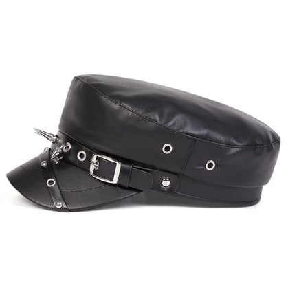 Unisex Punk Retro Military Rivet Buckle Leather Flat Top Beret Hat