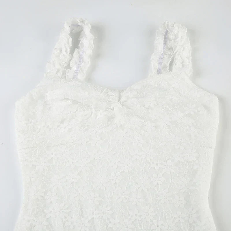 Boho Chic Women Floor-Length Fishtail Dress White Lace Elegant Sexy Sleeveless Bodycon Maxi Dress Summer Clubwear