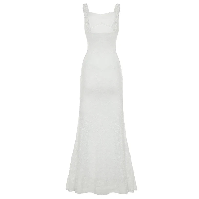 Boho Chic Women Floor-Length Fishtail Dress White Lace Elegant Sexy Sleeveless Bodycon Maxi Dress Summer Clubwear