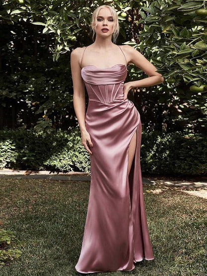 Sexy Backless High Waist Slit Evening Dress Elegant Sleeveless Long Party Dresses Solid Lace-up Irregular Graduation Dress Women