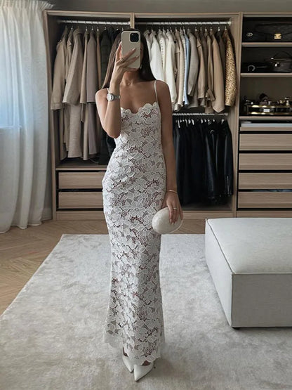 Sexy Solid Lace Hollow Out Women Sling Dress Elegant Backless Bandage Bodycon Maxi Dress Summer Lady Party Evening Robes 2024