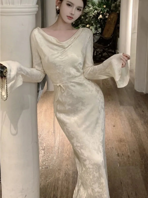 Autumn Bodycon Wedding Evening Dresses for Women Flare Sleeve Swinging Collar French Vintage Prom Robe Midi Vestidos Mujer New