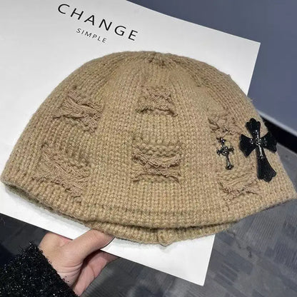 Retro Post Apocalyptic Leather Tag Knitted Hat