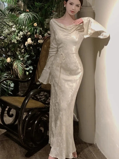 Autumn Bodycon Wedding Evening Dresses for Women Flare Sleeve Swinging Collar French Vintage Prom Robe Midi Vestidos Mujer New